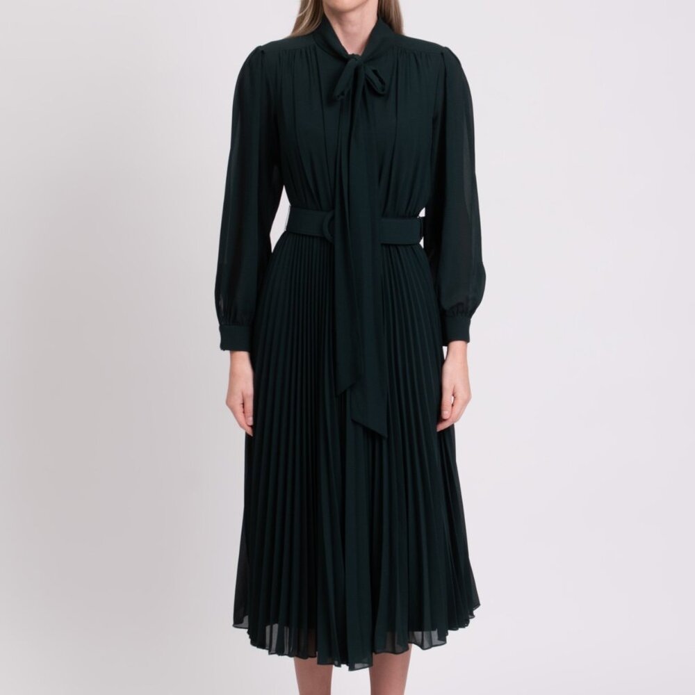 NWT MIKAEL AGHAL Crepe Midi Flare Dress - Size 8, Pleated with Belt, Dark Green